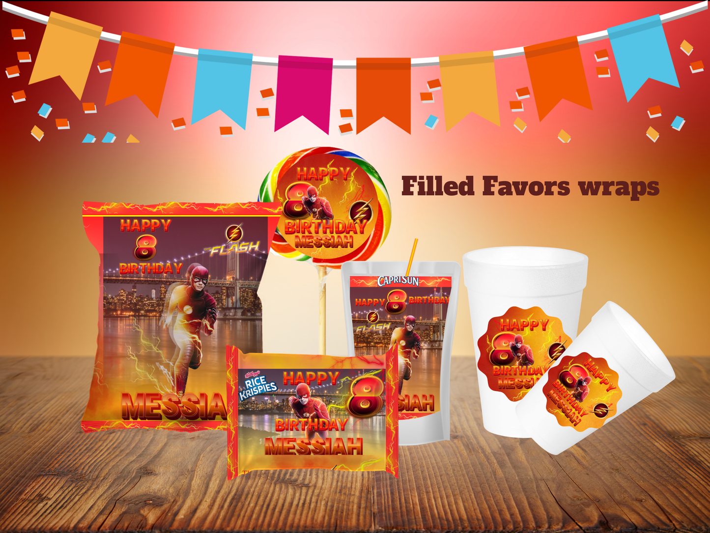 Party Favors Set – Custom Chip Bags, Water Labels, Candy Wrappers | Any Theme Treats