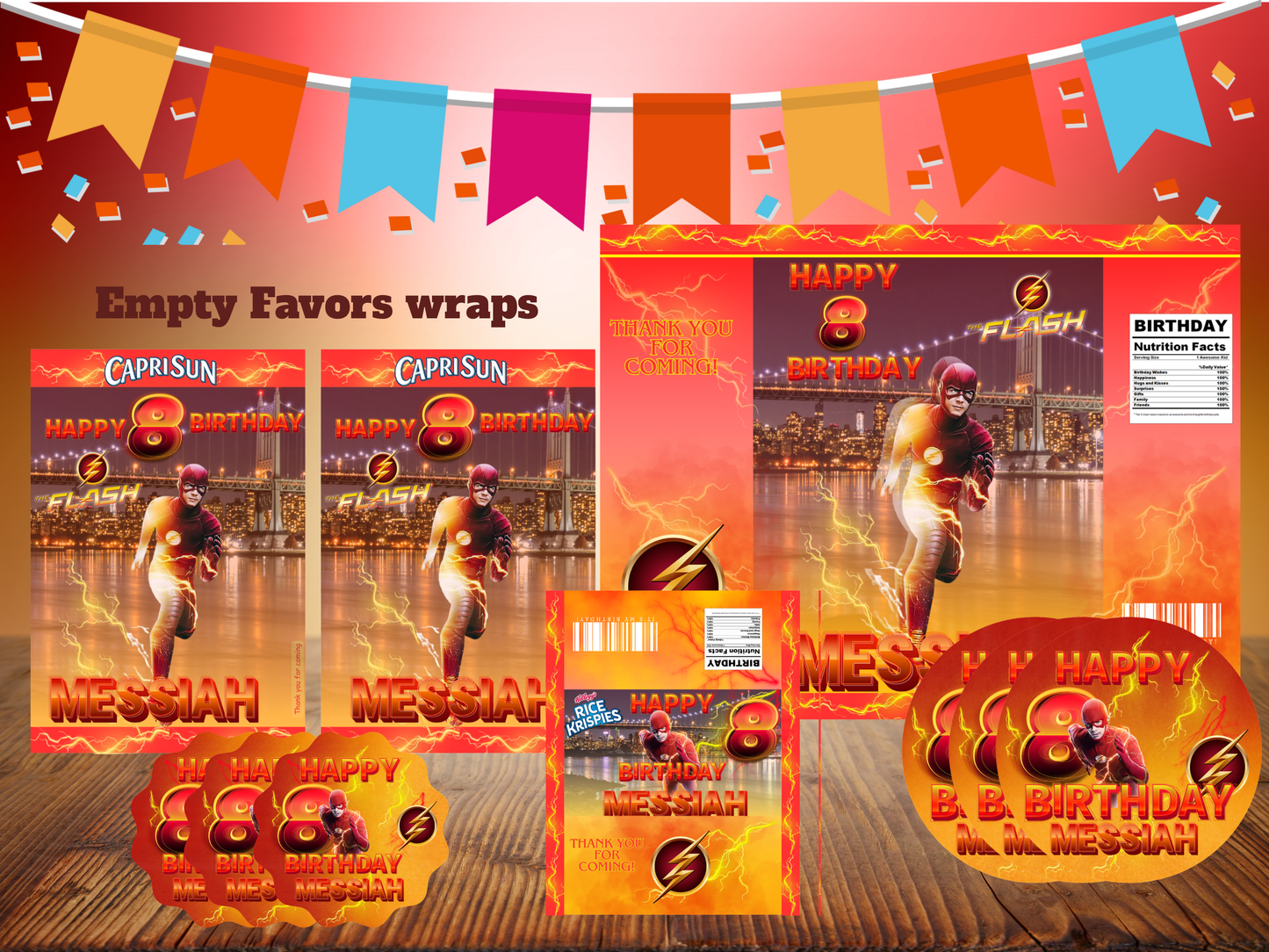 Party Favors Set – Custom Chip Bags, Water Labels, Candy Wrappers | Any Theme Treats