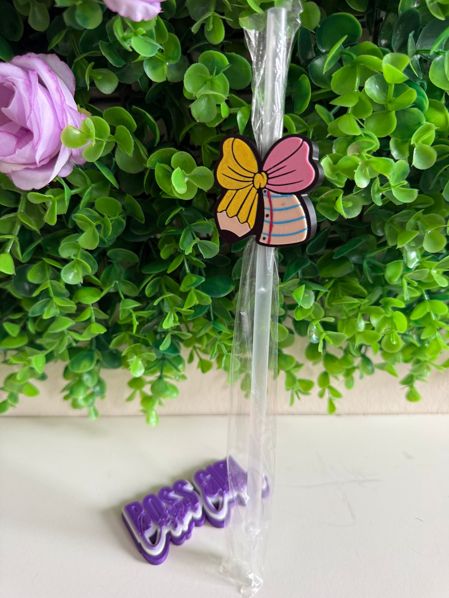 Large Pencil Bow Straw Topper | Cute Tumbler Straw Charm | Stanley Cup Accessory | 3D Printed Drink Topper | Cup Straw Decoration