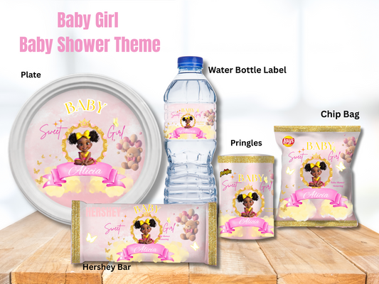Baby Girl Baby Shower Party Favors Set – Custom Chip Bags, Water Labels, Candy Wrappers | Princess Pink, Yellow & Gold Theme Treats